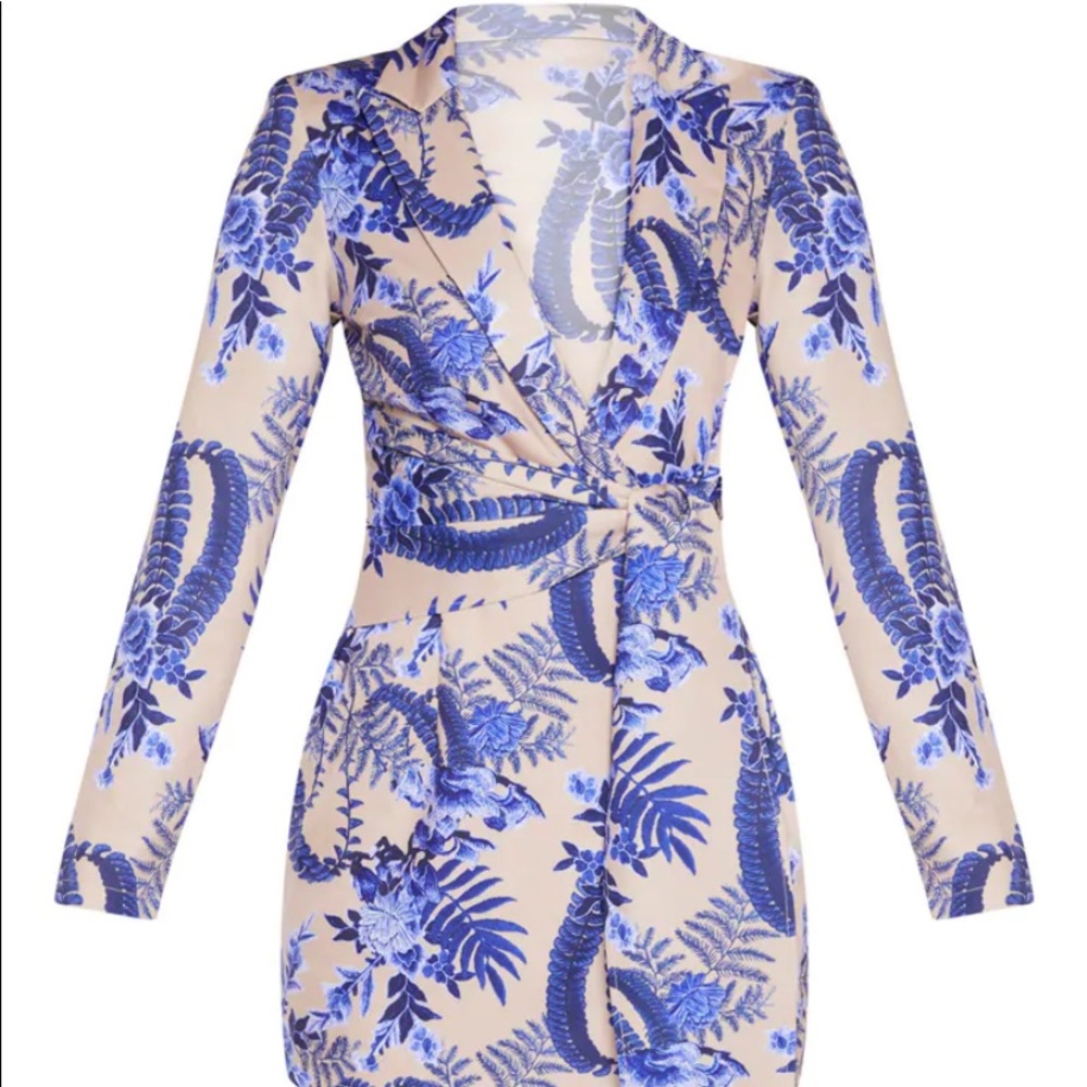 Nude Floral Wrap Detail Blazer Dress